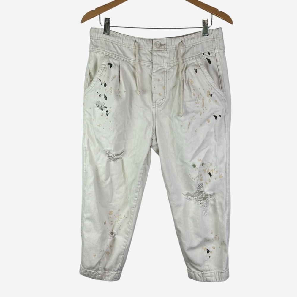 Free People Mixed Up Cropped Utility Pants Distressed Painter Button Fly XS - Picture 2 of 13